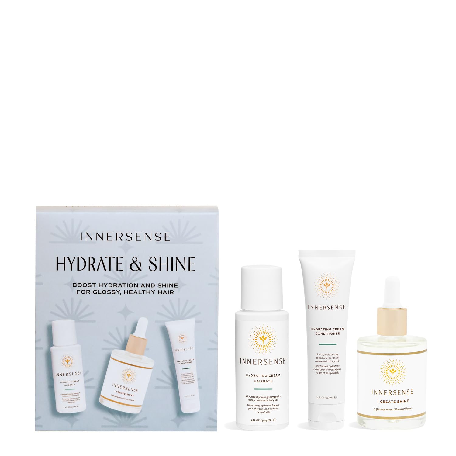 Innersense Organic Beauty - Hydrate & Shine Set | I Create Shine, Hydrating Cream Hairbath, Hydrating Cream Conditioner | Non-Toxic, Cruelty-Free, Clean Haircare (3 Piece Set)