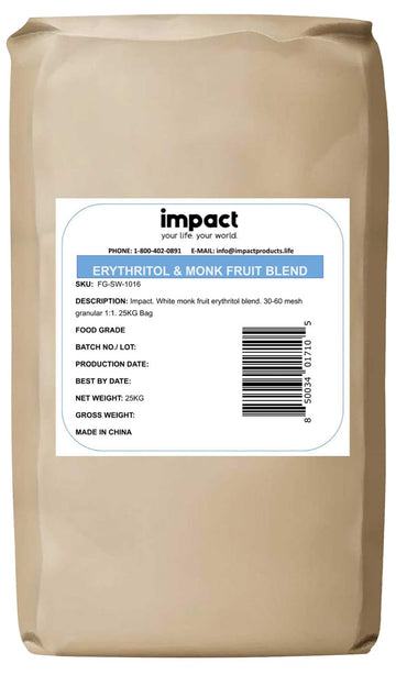 Impact - White Monk Fruit Erythritol Sweetener Blend - Zero Calories, Zero Net Carbs, Keto Friendly - Gluten Free, Vegan, Non-Gmo - 1:1 White Sugar Substitute - 55Lbs