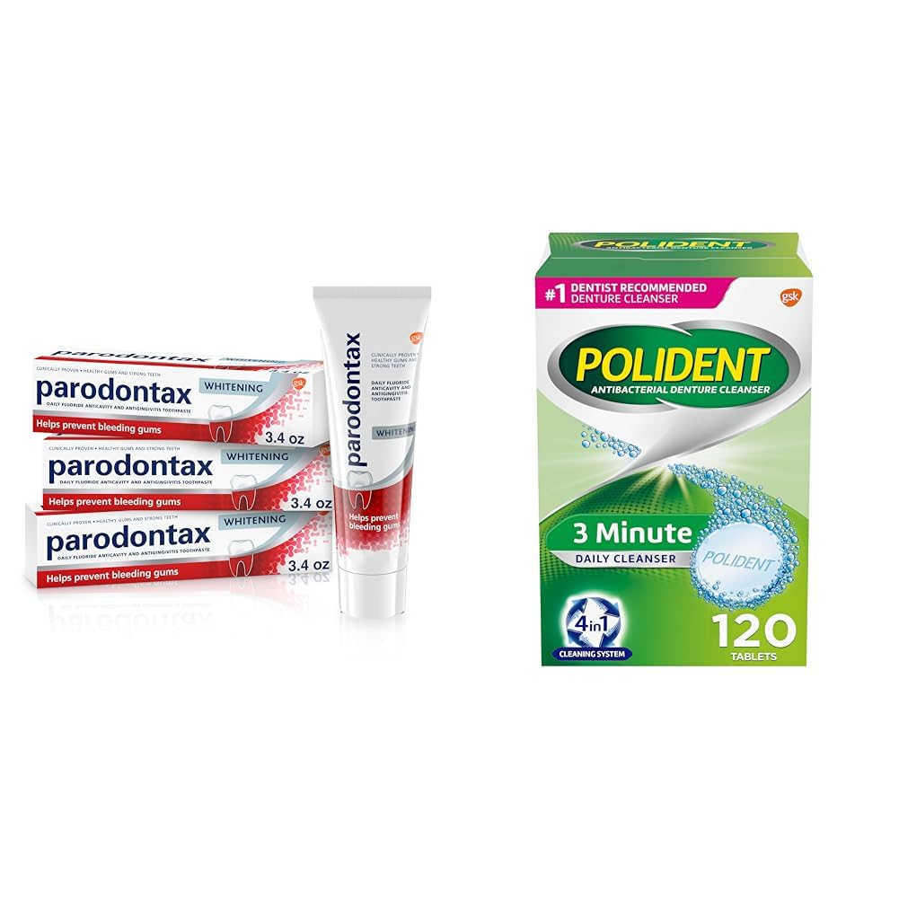 Parodontax Teeth Whitening Toothpaste for Gum Health 3.4 Oz x 3 & Polident 120 Count 3 Minute Denture Cleanser Tablets Bundle