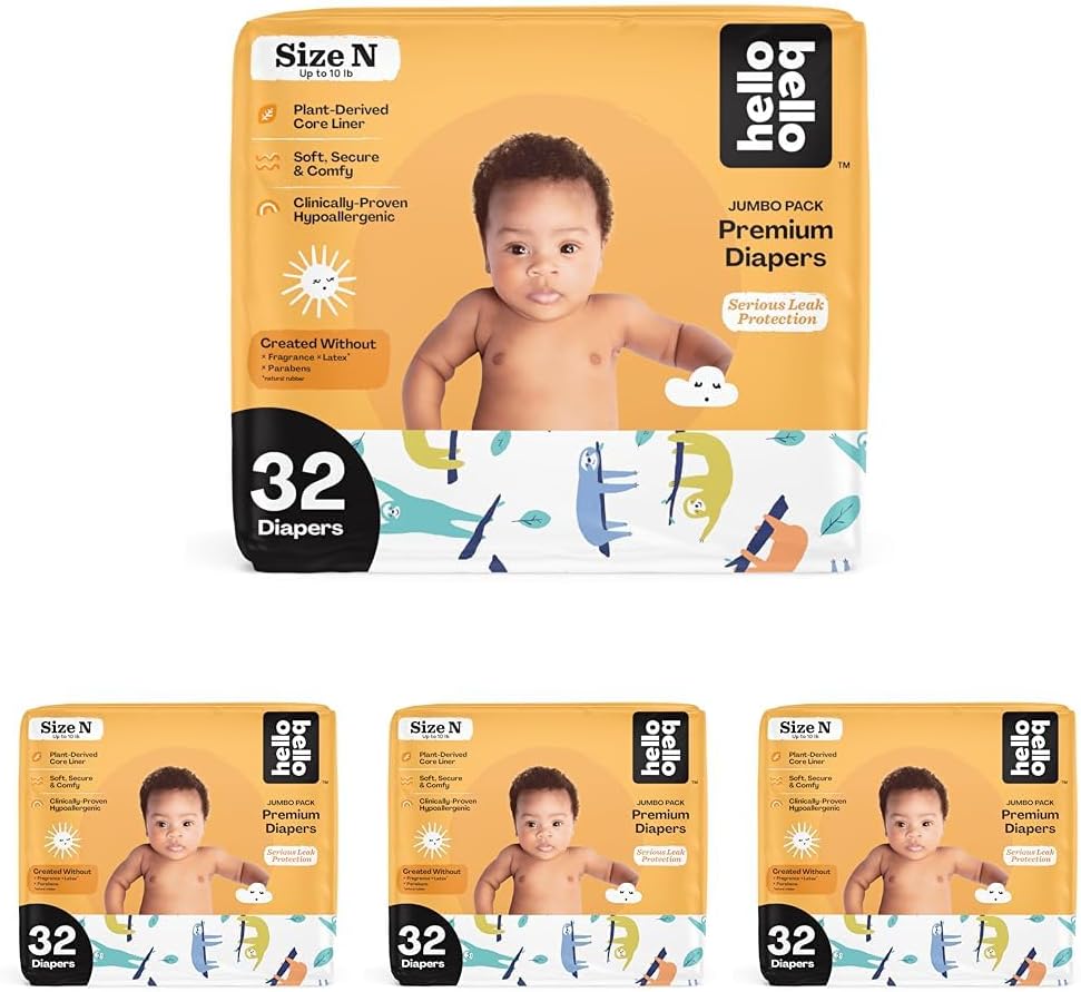 Hello Bello Premium Baby Diapers Size Newborn I 32 Count Of Disposable, Extra-Absorbent, Hypoallergenic Baby Diapers With Snug And Comfort Fit I Sleepy Sloth (Pack Of 4)