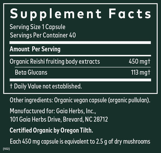 Gaia Herbs Reishi Mushroom - Helps Maintain A Healthy Immune System & Supports Heart Health - Adaptogen Herbal Supplement For Longevity Support - 40 Vegan Liquid Phyto-Capsules (40-Day Supply)