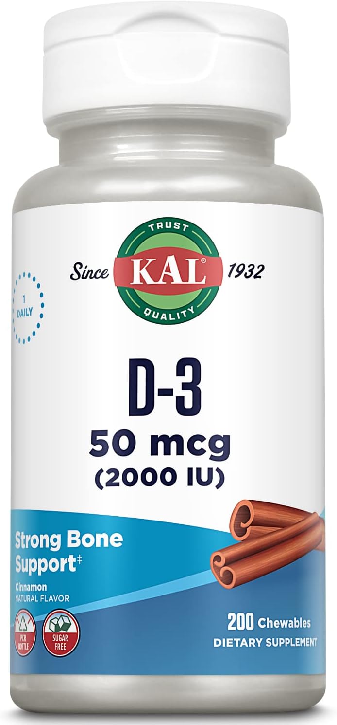 Kal Vitamin D3 Chewables 50 Mcg, Vitamin D 2000 Iu As Cholecalciferol, Sugar Free, Natural Cinnamon Flavor D3 Vitamin, Immune Support & Bone Health, 200 Servings, 200 Chewables