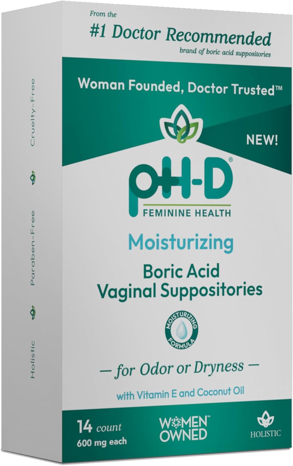 pH-D Feminine Health - Boric Acid Moisturizing Suppository - Woman Owned - for Vaginal Odor - Paraben-Free and Cruelty-Free - 14 Count