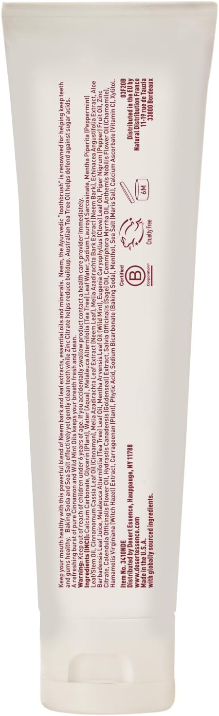 Desert Essence Natural Neem Toothpaste - Cinnamint - 6.25 Oz - Pure Essential Oil - Baking Soda - Complete Oral Care - Sea Salt - Refreshing Taste - Promotes Buildup Reduction : Health & Household