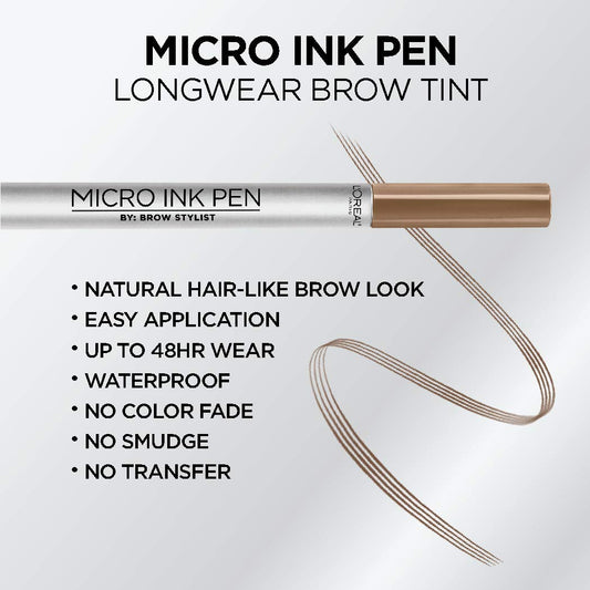 L'Oreal Paris Micro Ink Pen By Brow Stylist, Longwear Brow Tint, Hair-Like Effect, Up To 48Hr Wear, Precision Comb Tip, Dark Blonde, 0.033 Fl; Oz