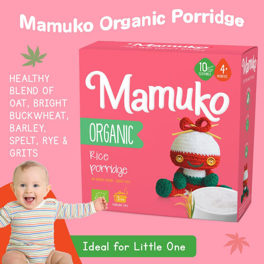 Mamuko Organic Porridge - Rice Porridge With No Added Sugar, Milk & Preservatives - High Fiber Porridge Developed With Eu Experts - Healthy Porridge Ideal For Little Ones From 4+ Months - 12 Servings