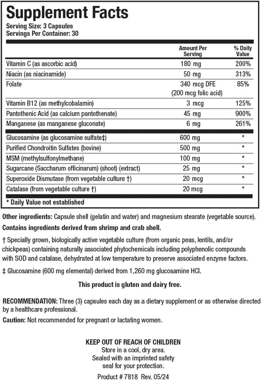 Biotics Research Chondrosamine S Comprehensive Joint And Connective Tissue Support, 600 Elemental Glucosamine, Msm, Vitamin C, Manganese, Niacin, Pantothenic Acid, Folate, B12, Sod, Catalase 90 Caps