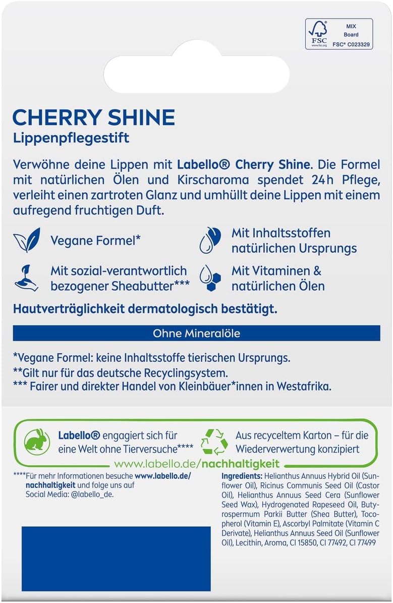 Labello Cherry Shine Lip Balm, Lip Care With Soft Red Shine For 24 Hours Moisturising, Nourishing Lip Balm With Shea Butter And Cherry Aroma (4.8 G)