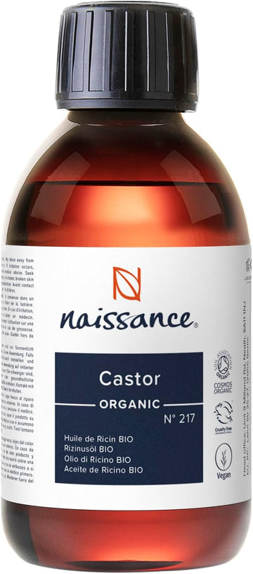 Naissance Certified Organic Castor Oil (no. 217) 225ml – 100% Pure, Cold Pressed, Unrefined – For Eyelashes, Hair, Eyebrows, Beard Growth, Nails, Skin, Massage – Natural, Vegan, Hexane Free, No GMO