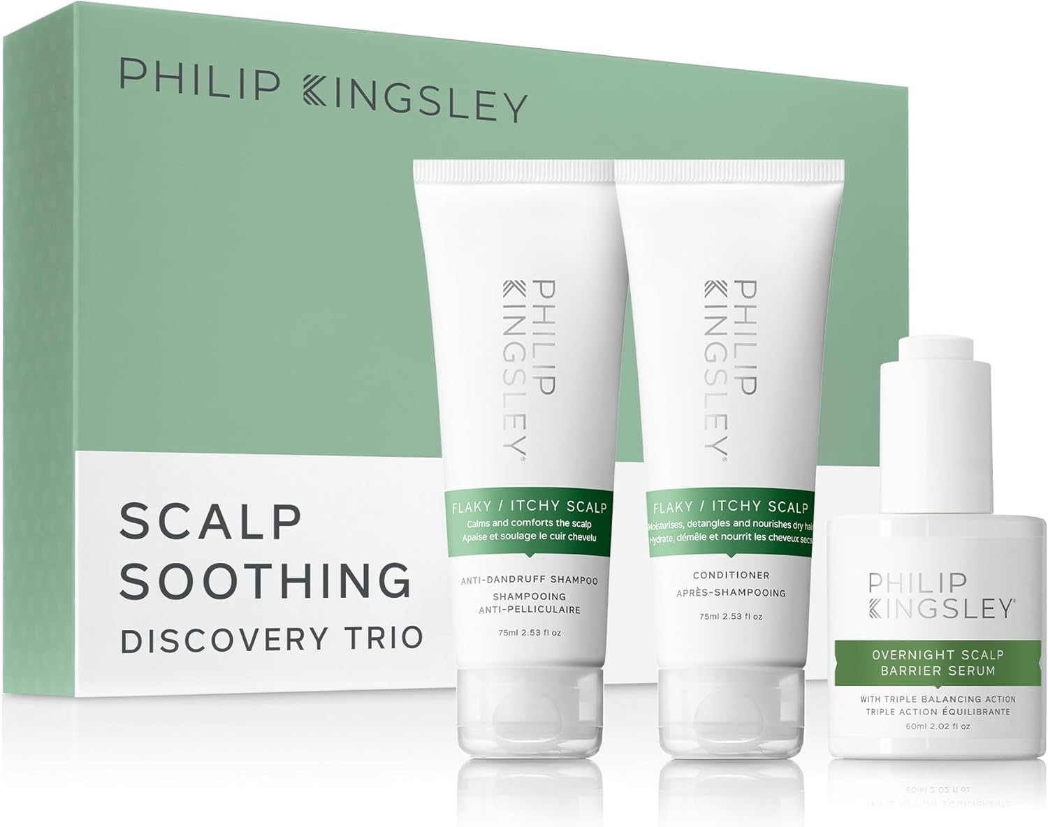 Philip Kingsley Scalp Soothing Discovery Trio - Flaky/Itchy Scalp Anti-Dandruff Shampoo And Conditioner And Overnight Scalp Barrier Serum For Women And Men, Cleansing And Nourishing Products