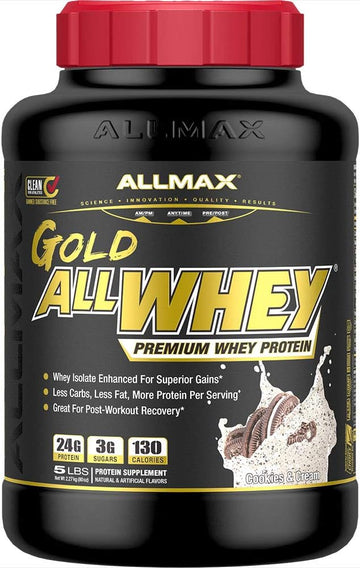 Allmax Gold Allwhey, Cookies & Cream - 5 Lb - 24 Grams Of Protein Per Scoop - Gluten Free, Low Carb & Low Sugar - Approx. 71 Servings