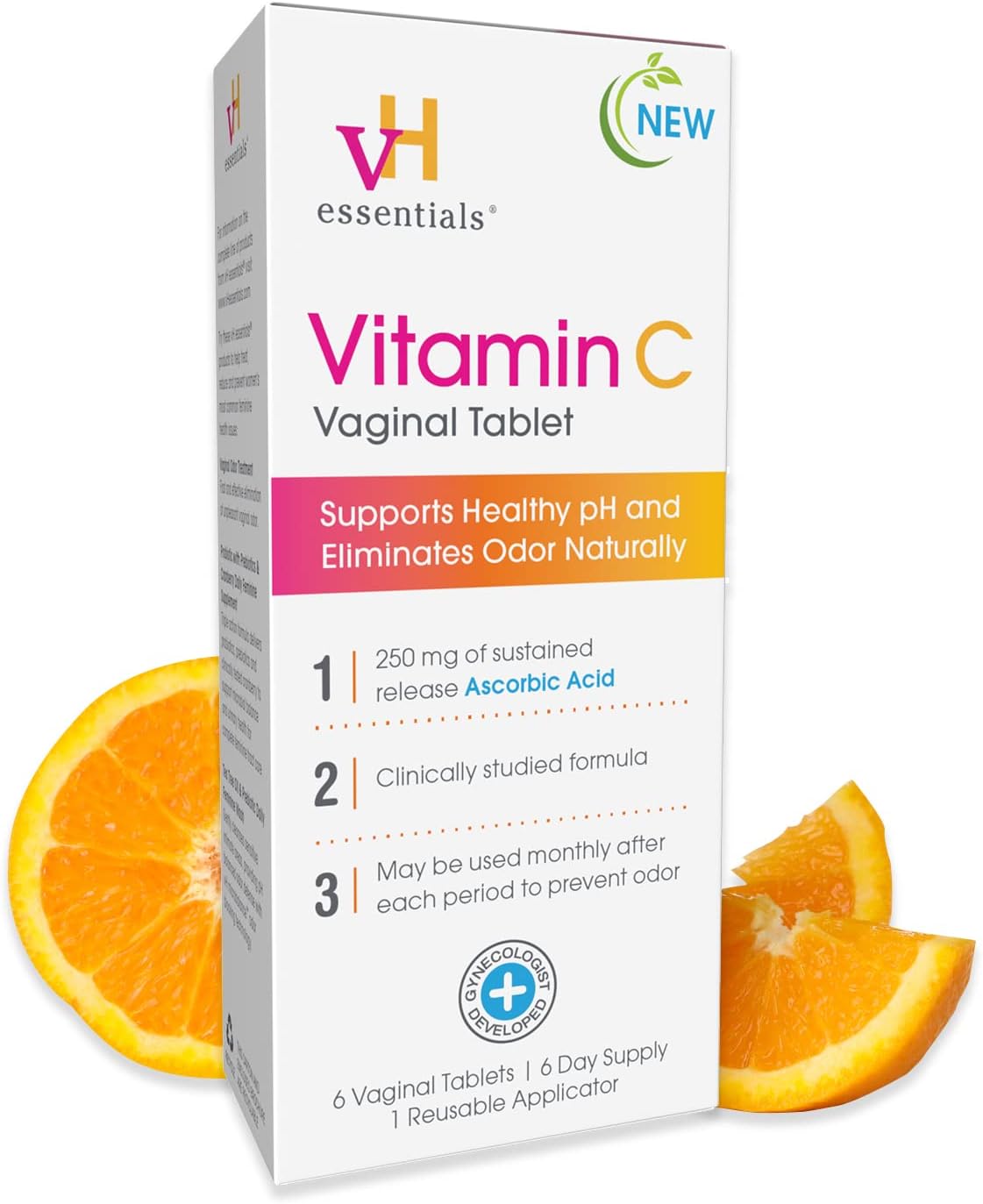 vH essentials Vitamin C Vaginal Tablet | Boric Acid Suppository Alternative | Supports Healthy pH and Eliminates Vaginal Odor Naturally, Vaginal Suppositories for Vaginal Health 6 Count, 1 Applicator