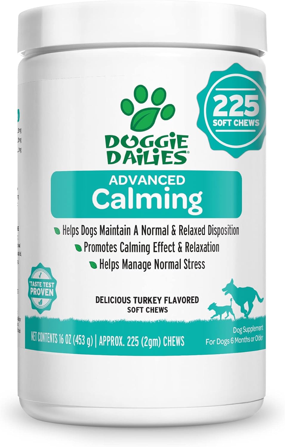 Doggie Dailies Calming Chews for Dogs, 225 Soft Chews, Melatonin for Dogs with Chamomile to Help Manage Stress Relief, Calm & Relaxation During Thunderstorms, Fireworks, Travel, & Separation