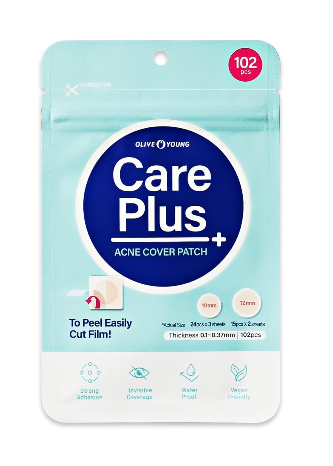 Olive Young Care Plus Spot Patch 1 Pack | Hydrocolloid Acne Korean Spot Patch To Cover Zits, Pimples And Blemishes, For Troubled Skin And Face (102 Count - 10Mm*72Ea + 12Mm*30Ea)