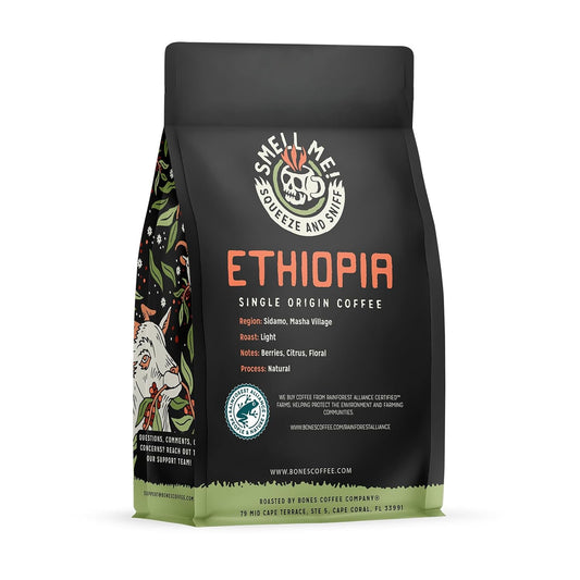 Bones Coffee Company Ethiopia Single-Origin Whole Coffee Beans | 12 oz Light Roast Low Acid Coffee Arabica Beans| Coffee Gifts & Beverages (Whole Bean)
