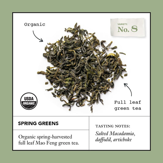 Smith Teamaker Spring Greens No. 8, Organic Mao Feng Green Tea, Caffeinated, Sugar-Free, Sustainably Grown Full Leaf Green Tea, 15 Sachets, 1.3Oz Each