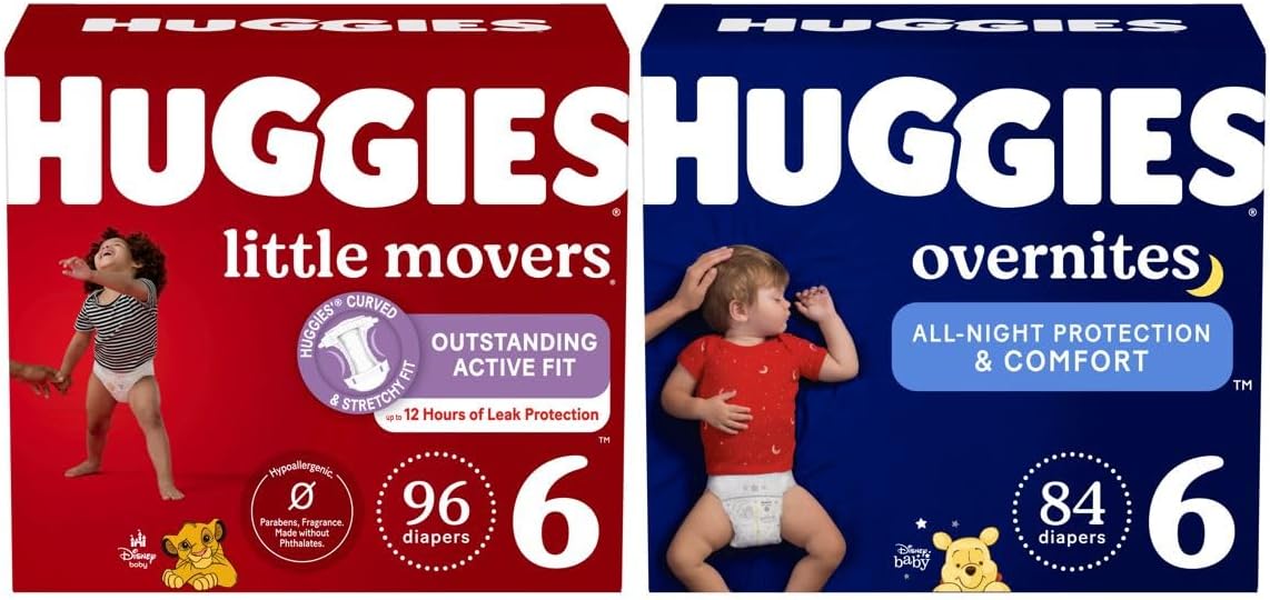 Huggies Little Movers + Overnites Bundle: Huggies Little Movers Baby Diapers, Size 6 (35+ Lbs), 96Ct (2 Packs Of 48) & Huggies Overnites Overnight Diapers, Size 6 (35+ Lbs), 84Ct (2 Packs Of 42)