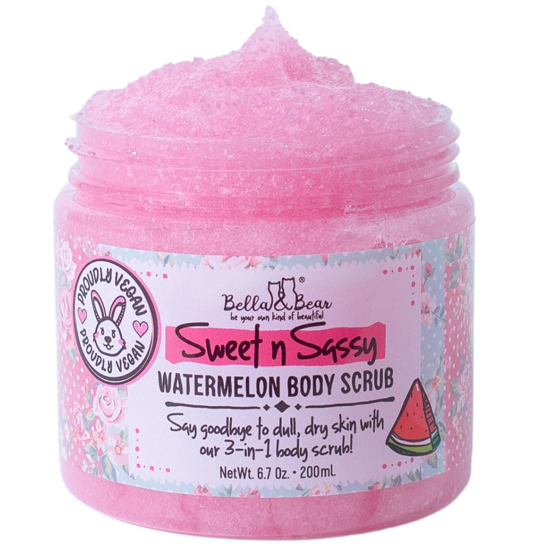 Bella & Bear Sweet N Sassy Watermelon Body Scrub, 3-In-1, 6.7 Oz, Exfoliating, Cleansing, Moisturizing