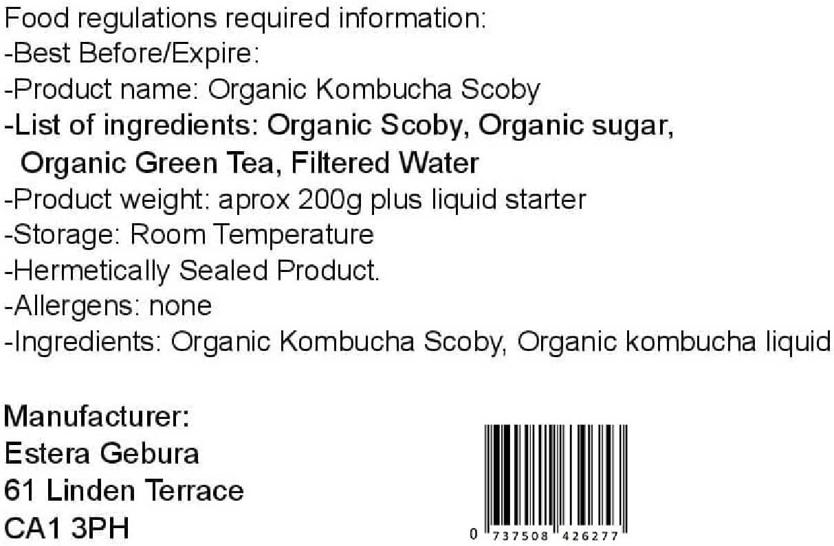 Kombuchaorganic Large (5 Litre) Certified Organic Kombucha Scoby - Live Culture Quality Assured By Ukas Lab Outstanding And Unique Quality Cultures