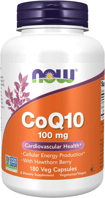 NOW Supplements, CoQ10 100 mg with Hawthorn Berry, Pharmaceutical Grade, All-Trans Form produced by Fermentation, 180 Veg Capsules