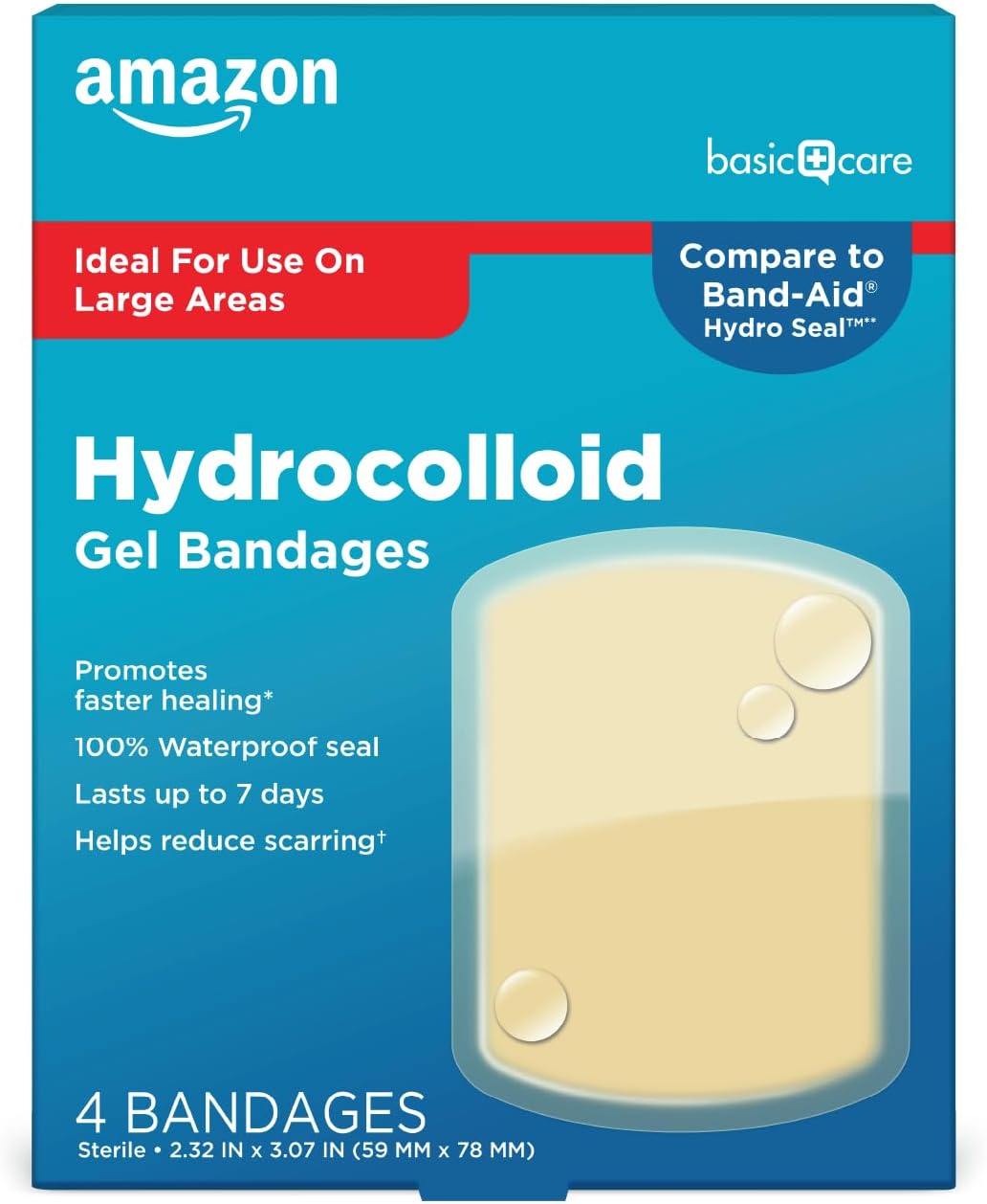 Amazon Basic Care Advanced Fast Healing Hydrocolloid Gel Bandages, Large Adhesive Wound Dressing For First Aid, 2.3 X 3 Inches (4 Count)