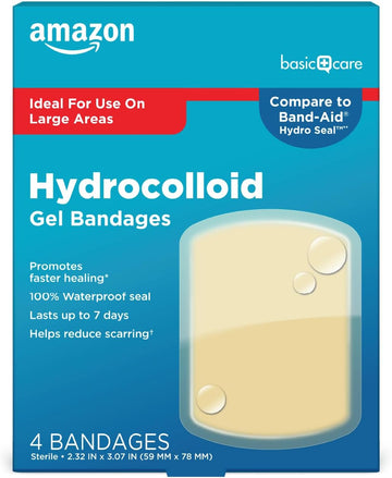 Amazon Basic Care Advanced Fast Healing Hydrocolloid Gel Bandages, Large Adhesive Wound Dressing For First Aid, 2.3 X 3 Inches (4 Count)