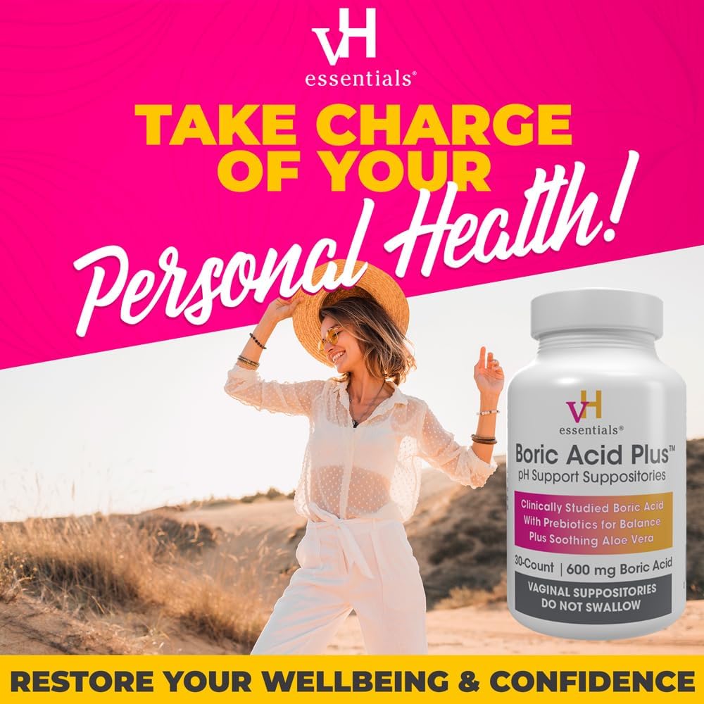 Vh Essentials Boric Acid Plus Vaginal Suppositories, Prebiotic Infused With Soothing Aloe Vera, Ph Support Formula Fights Odor And Promotes Freshness, 600Mg Boric Acid, 30 Count : Health & Household