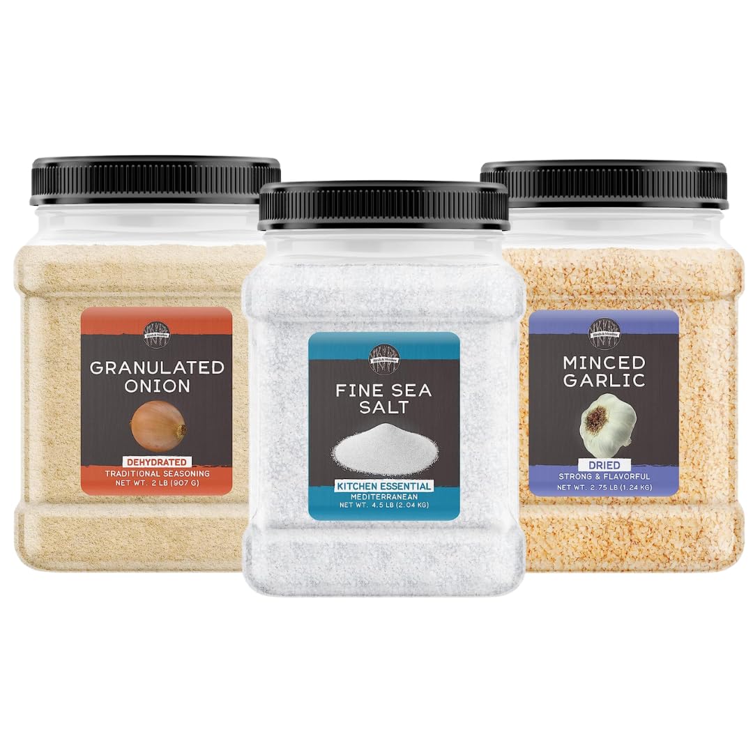 Birch & Meadow Fine Sea Salt, Granulated Onion, And Dried Minced Garlic Bundle, Various Sizes, Kitchen Staples, Savory Flavors