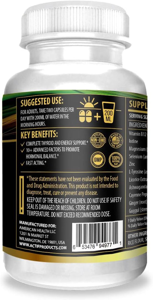 Actif Thyroid Mega Support - Maximum Strength With 10+ Thyroid Factors - Supports Energy, Metabolism, Adrenal Fatigue & Stress Response - Non Gmo, 1 Month Supply, Made In Usa