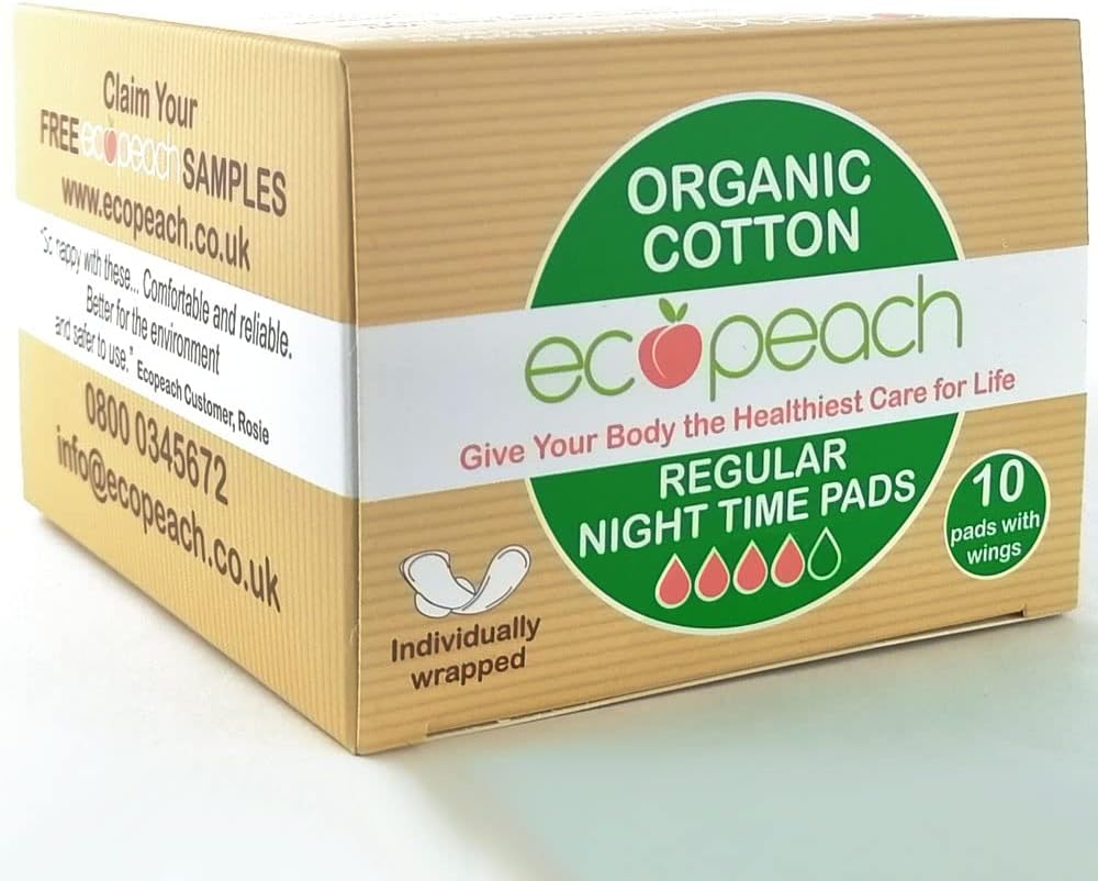 Ecopeach Organic Cotton Regular Night Time Pads with Wings, 60 Sanitary Towels (6 Packs x 10) - Ultra Soft & Absorbent, Breathable, Chlorine-Free, Fragrance-Free. Designed for Sensitive Skin