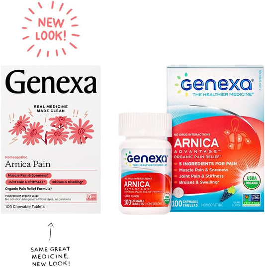 Genexa Arnica Tablets For Pain Relief Formula | Alleviate Muscle & Joint Pain, Soreness, & Stiffness | Delicious Organic Grape Flavor | Homeopathic Remedy Made Clean | 100 Chewable Tablets