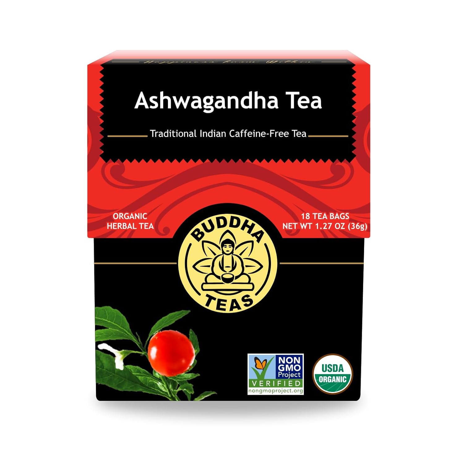 Buddha Teas - Organic Ashwagandha Root Tea - Herbal Tea - For Health & Wellbeing - With Antioxidants & Minerals - Clean Ingredients - Caffeine Free - Ou Kosher & Non-Gmo - 18 Tea Bags (Pack Of 1)