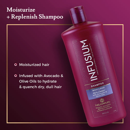 Infusium Moisturize And Replenish Shampoo - Infused With Avocado And Olive Oil - Hair Care For Dry Hair - Moisturizing Shampoo For Women - 13.5 Oz