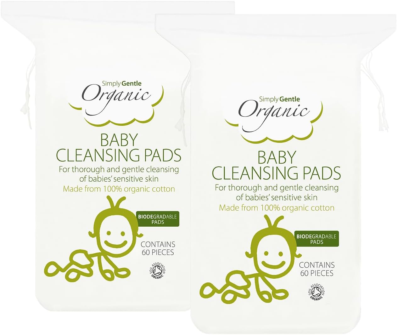 Simply Gentle Baby Cleansing Pads - Perfect For Sensitive Skin - Pure Cotton Pads For Newborn Baby - Free From Odours Or Irritants - Rectangular Shaped Disposable Cotton Pads - 60 Count (Pack Of 2)