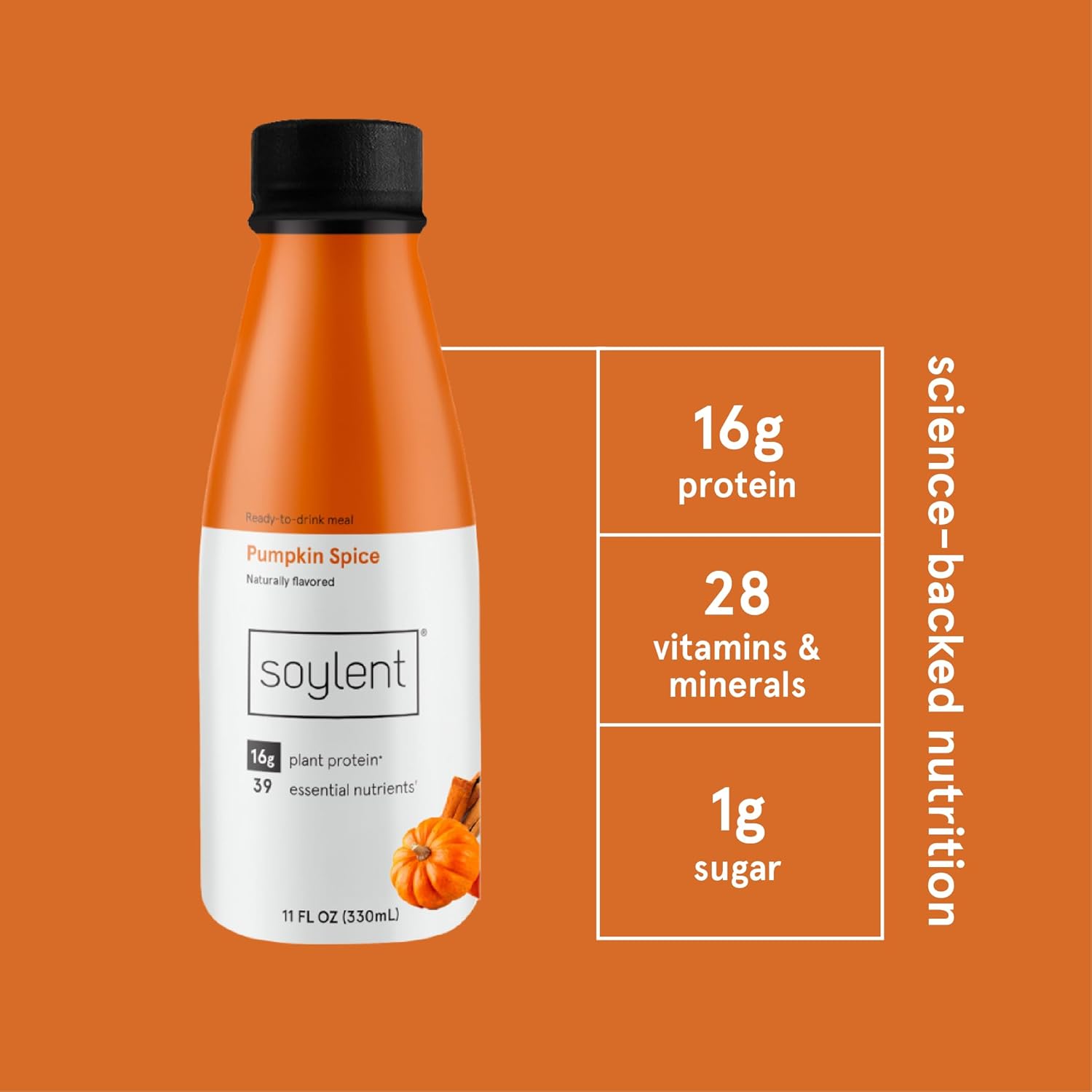 Soylent Complete Meal Replacement Shake, Pumpkin Spice, 16G Complete Protein, Ready-To-Drink Plant Based Protein Drink, 1G Sugar, 11Oz (12 Pack)