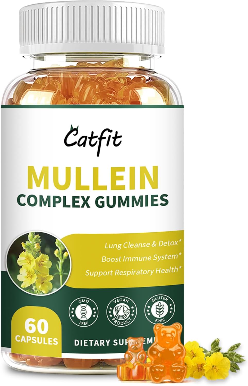 Mullein Gummies For Lungs – Mullein Leaf Extract With Quercetin, Elderberry For Respiratory & Immune Support,Lung Health & Breathing, Vegan, Pineapple Flavor, 60 Gummies