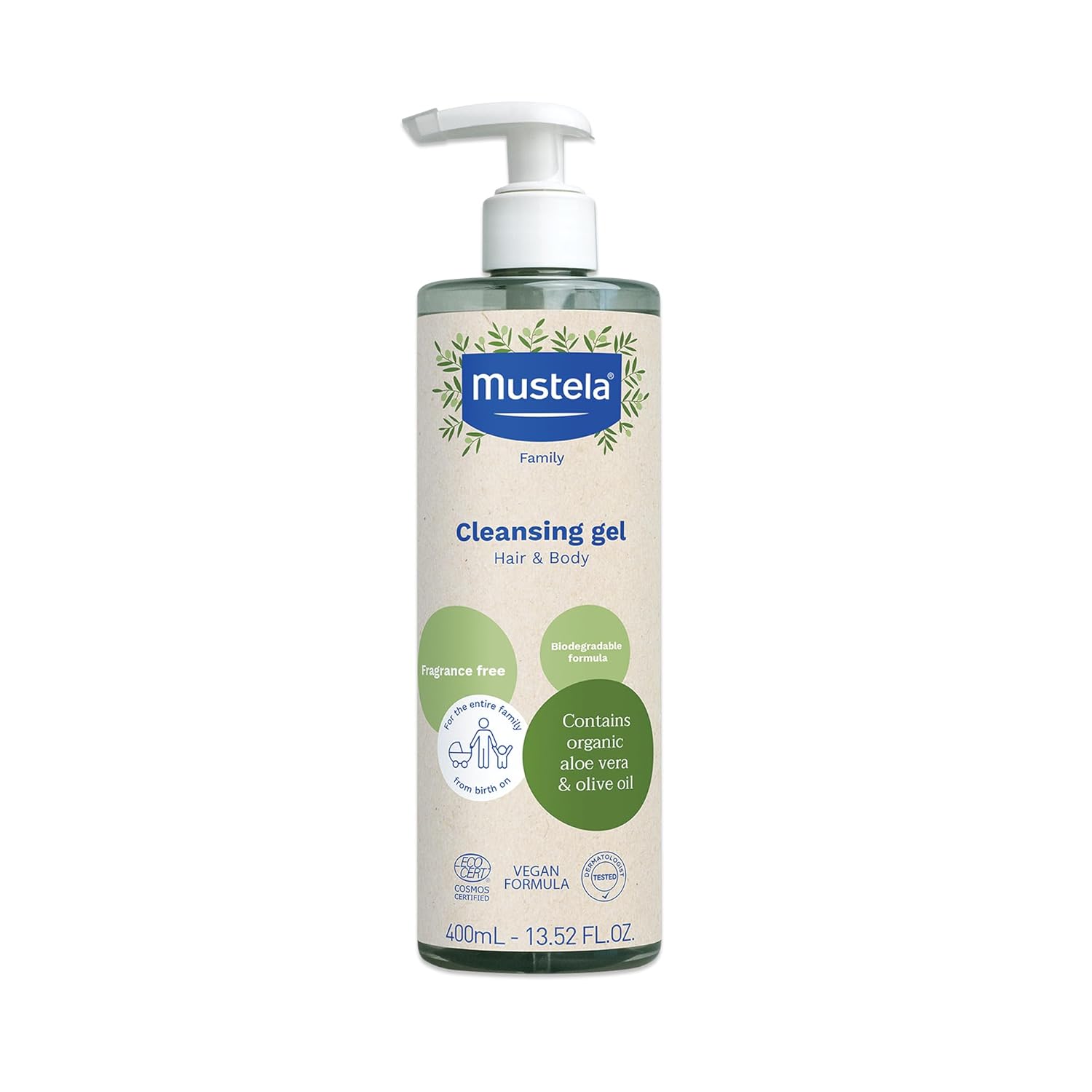 Mustela Certified Organic Cleansing Gel - Natural Hair & Body Wash With Olive Oil & Aloe Vera - For Baby, Kid & Adult - Fragrance Free, Tear Free, Vegan & Biodegradable - 13.52 Fl. Oz