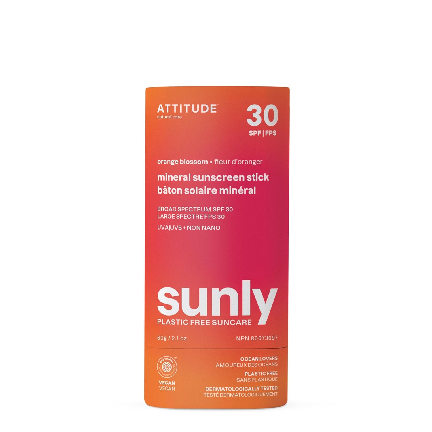ATTITUDE Mineral Sunscreen Stick with Zinc Oxide, SPF 30, EWG Verified, Plastic-Free, Broad Spectrum UVA/UVB Protection, Dermatologically Tested, Vegan, Orange Blossom, 2.1 Ounces