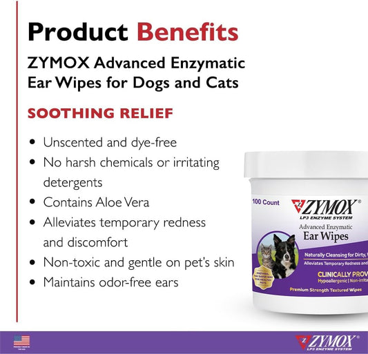 Zymox Advanced Enzymatic Ear Wipes For Dogs And Cats - For Dirty, Waxy, Smelly Ears - Premium Strength Ear Cleaner Wipes - Non-Irritating - Hypoallergenic - 100 Ct