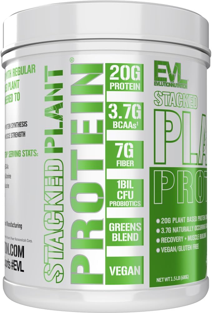 Evlution Nutrition Stacked Plant Protein Powder, Vegan, Non-Gmo, Gluten-Free, Probiotics, Bcaas, Fiber, Plant-Based Protein Complex, 1.5 Lb (Natural Chocolate) : Health & Household