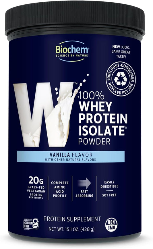 Biochem 100% Whey Isolate Protein - Vanilla Flavor - 15.1 Ounce - Supports Immune Health - Easily Digestible - Refreshing Taste - 20G Vegetarian Protein - Amino Acids