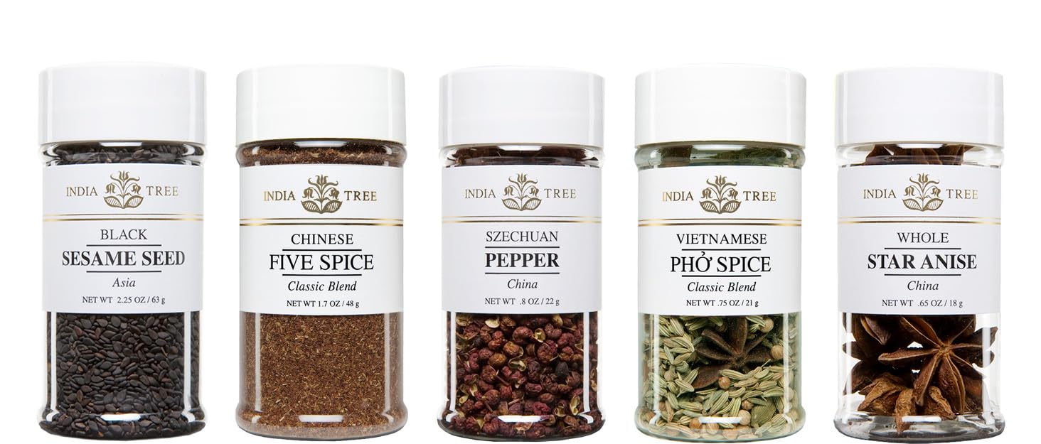 India Tree East Asian Spice Gift Pack - Black Sesame Seeds, Five Spice, Szechuan Pepper, Pho Spice Blend, And Star Anise - 5 Containers