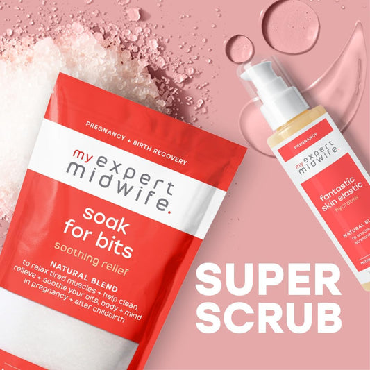 My Expert Midwife Super Scrub Duo-Pregnancy & Postpartum Gentle Body Exfoliator to Relieve & Recharge, Combine Benefits of Soak for Bits Epsom Bath Salts & Fantastic Skin Elastic Body Serum 750g/150ml