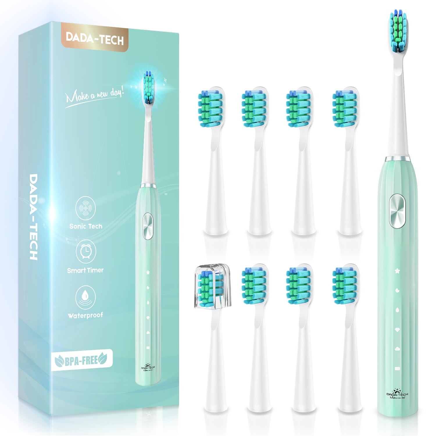 DADA-TECH Sonic Electric Toothbrush for Adults with 90% Rounded Bristles, 5 Cleaning Modes 2-Minute Timer and 9 Replacement Reminder Brush Heads (Green)