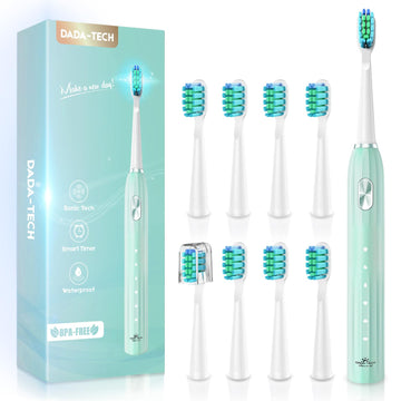 DADA-TECH Sonic Electric Toothbrush for Adults with 90% Rounded Bristles, 5 Cleaning Modes 2-Minute Timer and 9 Replacement Reminder Brush Heads (Green)