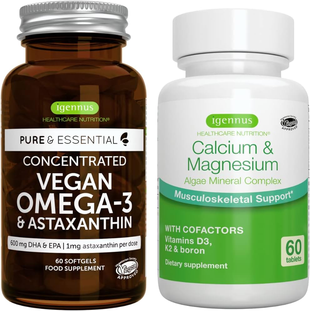 Vegan Omega-3 + Calcium & Magnesium Complex Vegan Bundle, Sustainable Epa & Dha Algae Oil 1340Mg + 2:1 Plant Based Algae Mineral Complex, By Igennus