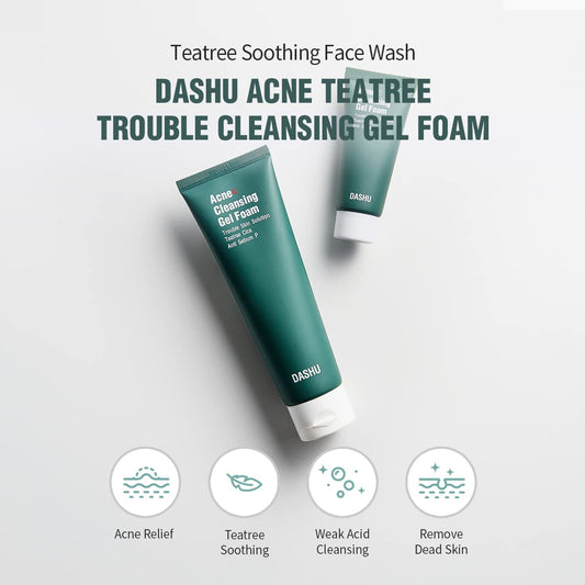 Dashu A.C Teatree Trouble Cleansing Gel Foam 4.05Fl Oz - Sensitive/Dry Skin, Non-Irritation, Deep Cleansing