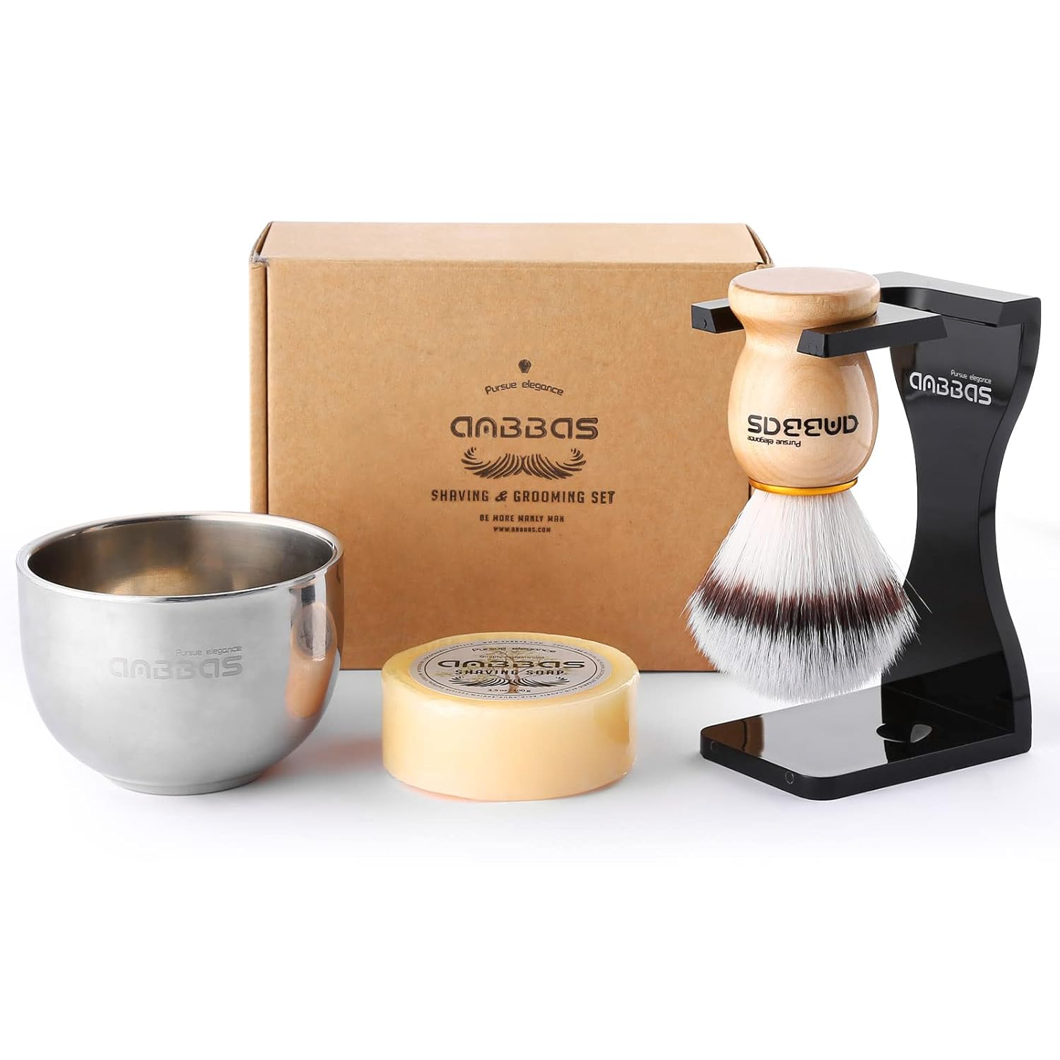 Anbbas Pure Badger Hair Shaving Brush Solid Manchurian Ash Wood Handle,Black Broken-Resistant Acrylic Shaving Stand,Stainless Steel Shaving Bowl Dia 3.2 Inch And Goat Milk Soap 100G 4In1 Set For Men