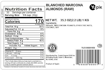 Yupik Blanched Marcona Almonds, 2.2 Lb, Gluten-Free, Vegan, Kosher, Oil-Free, Raw Nuts, Unsalted, Skinless, Oil-Free, Source Of Fiber, Healthy Snack