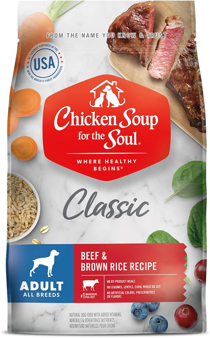 Chicken Soup for the Soul Pet Food - Adult Dog - Beef & Brown Rice Recipe 13.5lbSoy Free, Corn Free, Wheat Free Dry Dog Food Made with Real Ingredients No Artificial Flavors or Preservatives